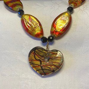 Gold and Red Art Glass Necklace with Heart Pendent
